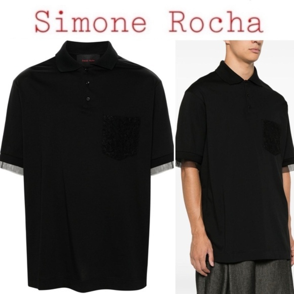 SIMONE ROCHA BLACK CORDED LACE-DETAIL POLO SHIRT SIMONE ROCHA - MEN SZ M 487$
